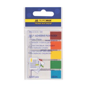 Plastic bookmarks NEON 45x12mm, 5x20 sheets, halves, assorted