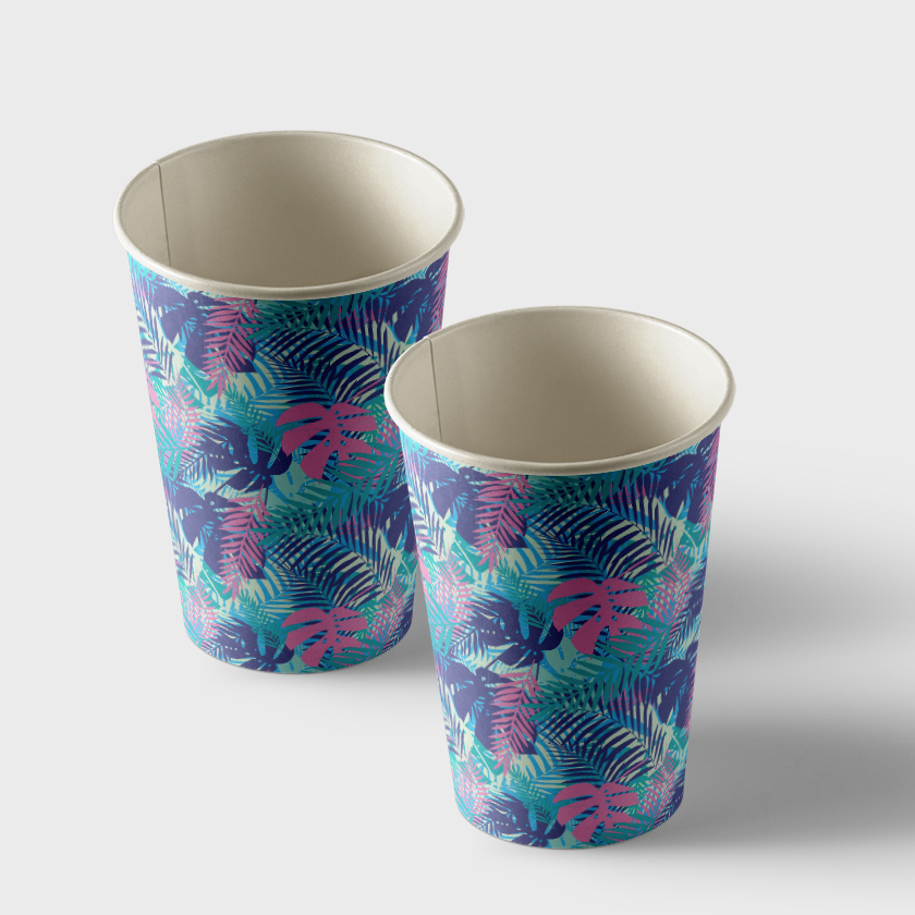 Vasos de papel con estampado de palmeras, paquete de 50 unidades, volumen 175 ml (WL 03.21-14-5)