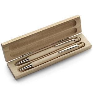 Set of pens in a case, wood