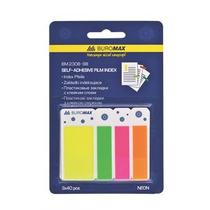 Plastic bookmarks NEON 45x25mm+45x12mm, 3x40 sheets, assorted