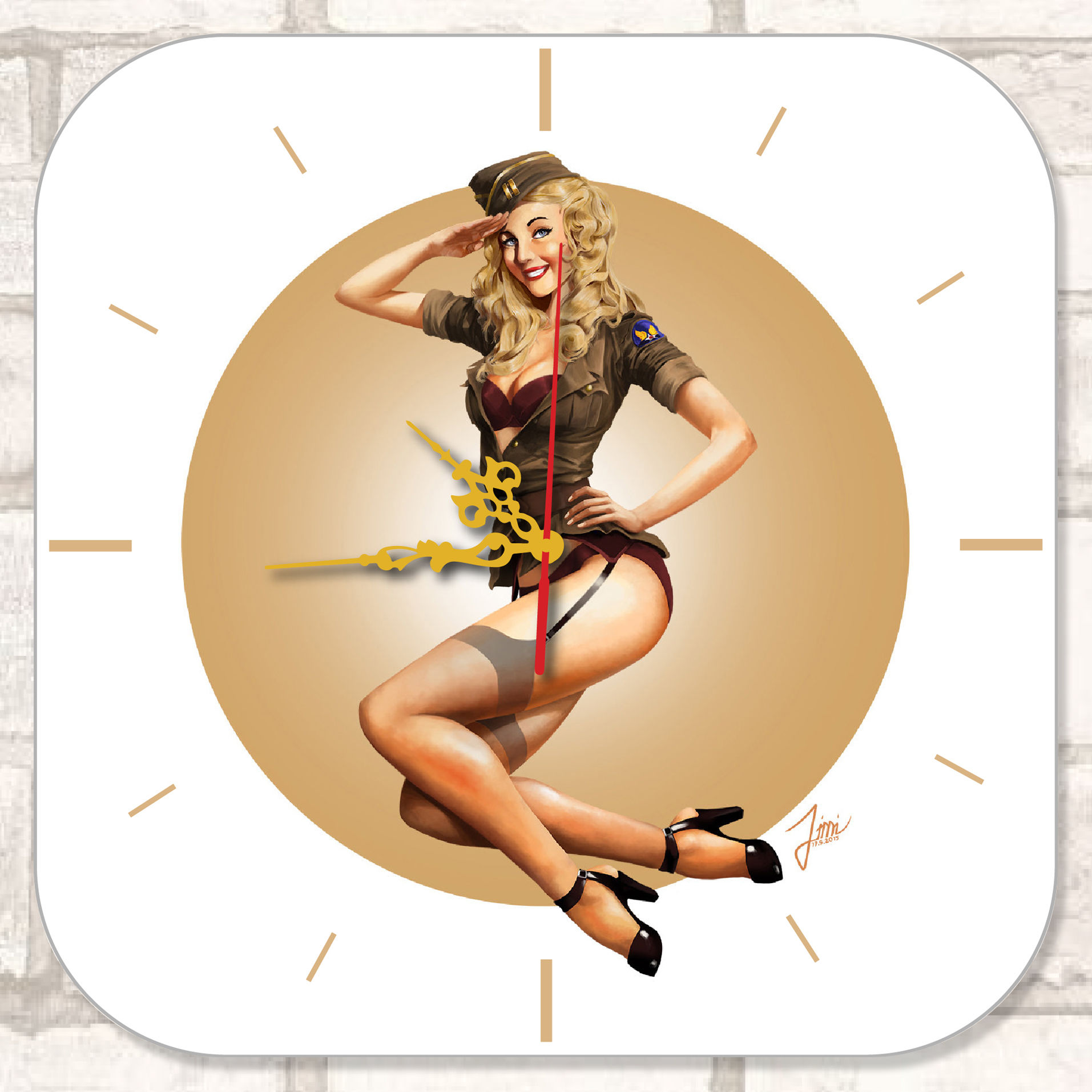 Print on square wall clock with gold hands (32 cm)