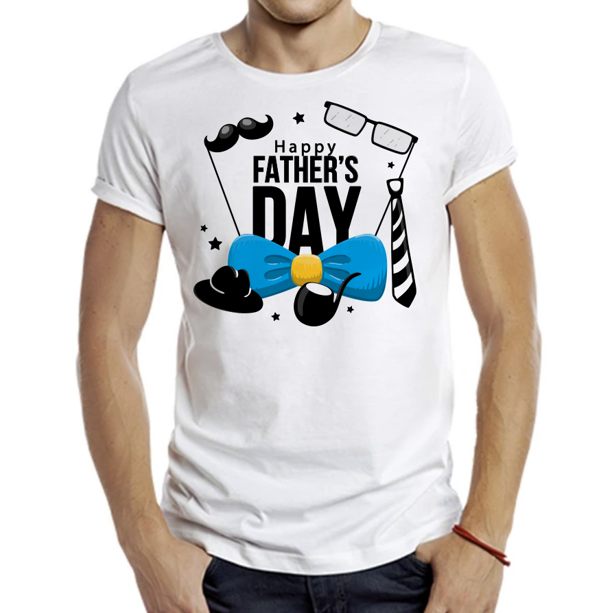 T-shirt: Happy Fathers Day black and blue, congratulations on Father's Day