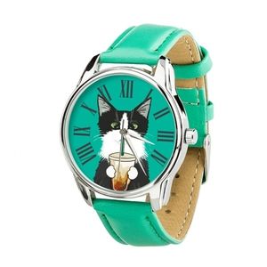 Uhr „Katze mit Glas“ (Mintfarbenes Armband – Türkis, Silber) + zusätzliches Armband (4614564)