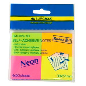 Блок бумаги для заметок NEON 38 x 51мм, 50 листов, ассорти (4 штуки в блистере), с клейким слоем