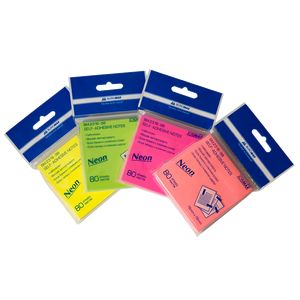 Note pad NEON 76 x 76mm, 80 sheets, assorted, with adhesive backing