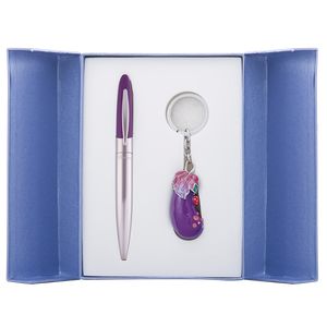 Coffret "Aubergine" : stylo bille + porte-clés, violet