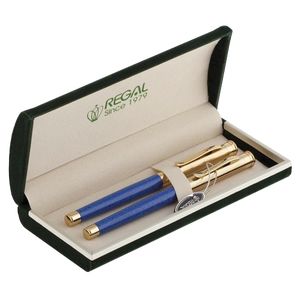 Juego de bolígrafos (pluma+roller) en estuche de regalo L, azul con dorado