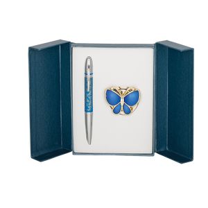 Coffret "Papillon": stylo à bille + crochet pour sacs, bleu