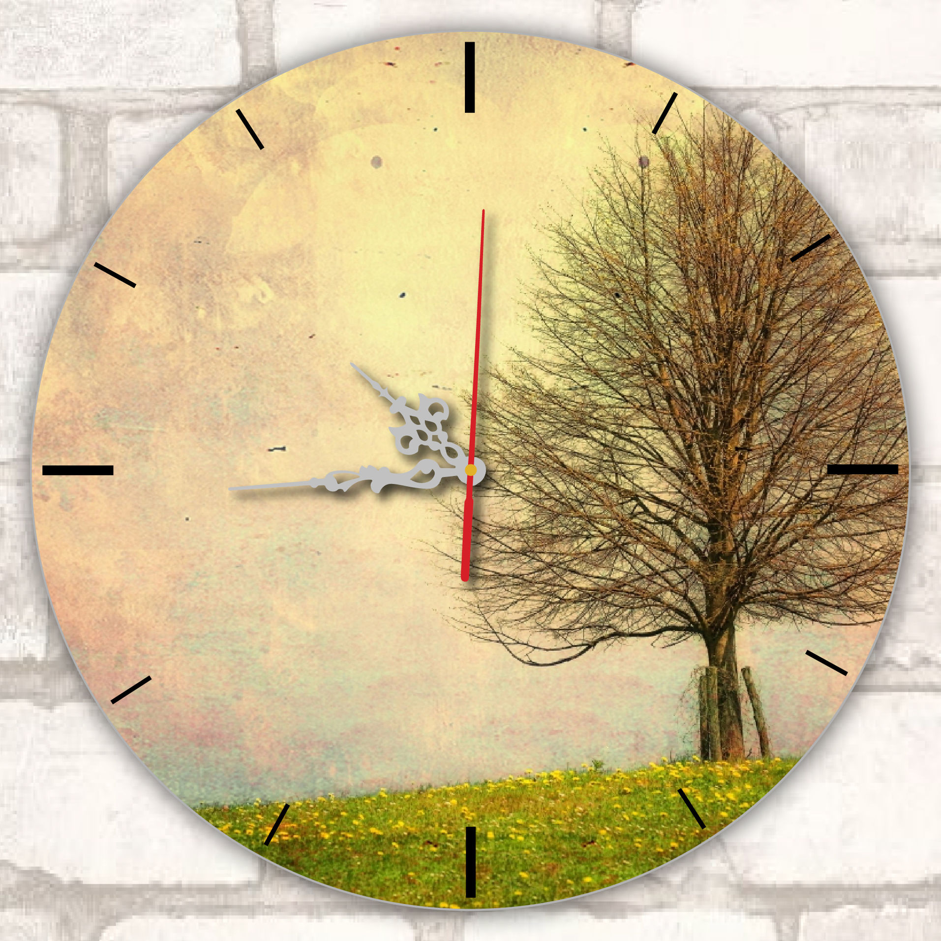 Nadruk na okrągłym zegarze ściennym ze srebrnymi wskazówkami (32 cm)