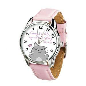 Reloj ZIZ con movimiento inverso "Los gatos no llegan tarde" (correa rosa empolvado, plateada) + correa adicional (5118662)