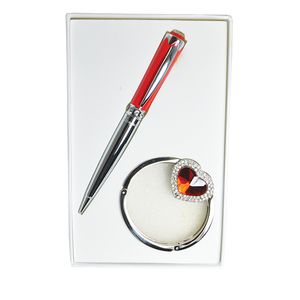Geschenkset „Crystal“: Kugelschreiber + Taschenhaken, rot