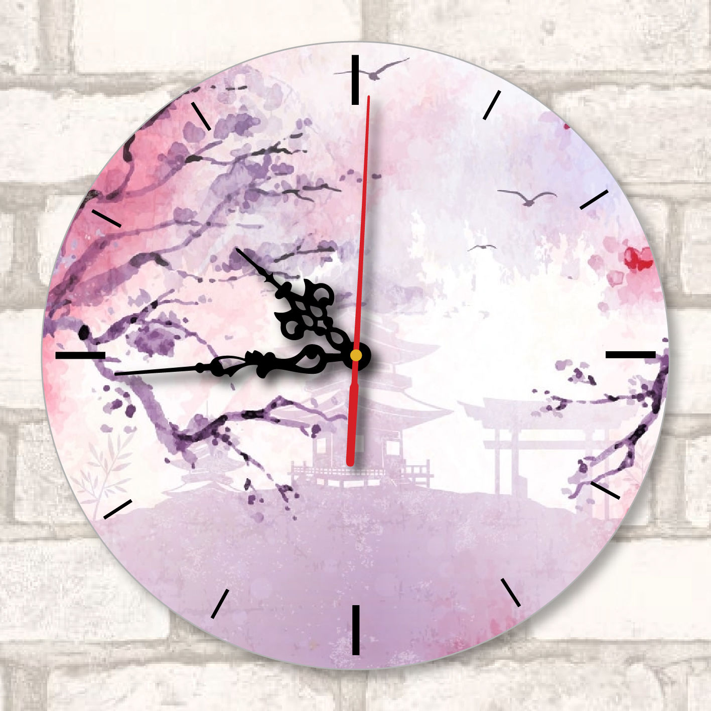 Nadruk na okrągłym zegarze ściennym z czarnymi wskazówkami (24 cm)