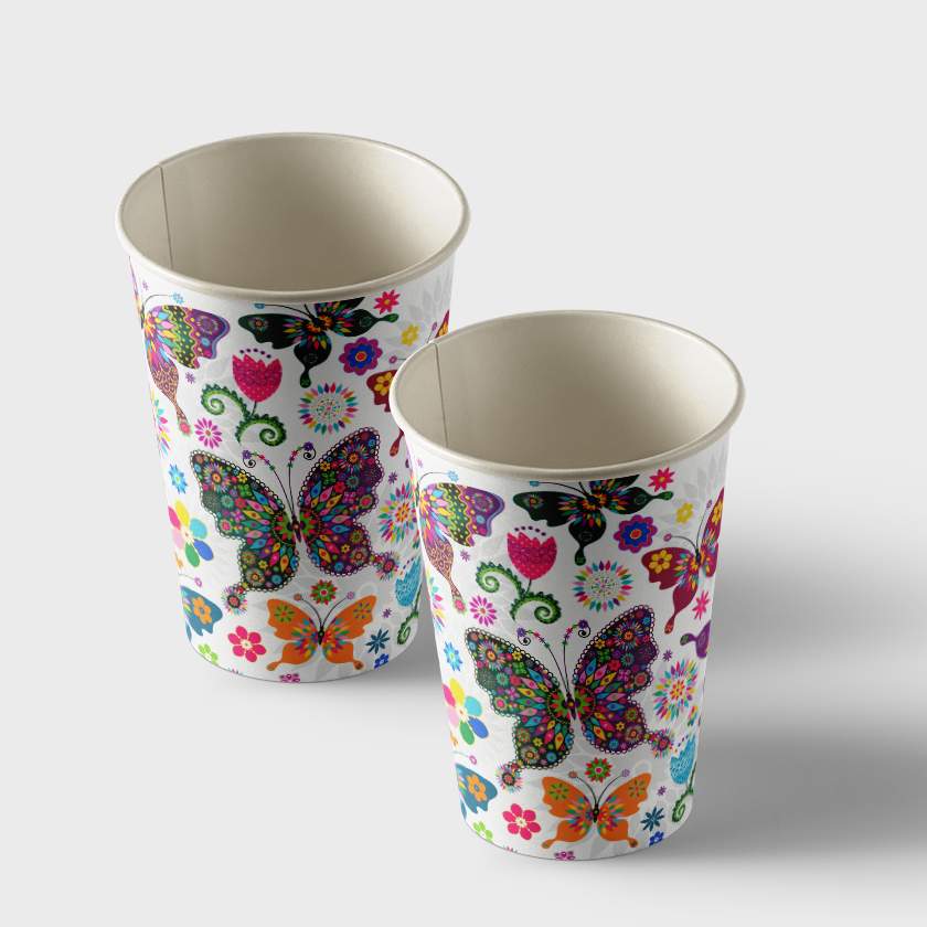Vasos de papel con estampado de mariposas, paquete de 50 unidades, volumen 250 ml (WL 03.21-15-6)